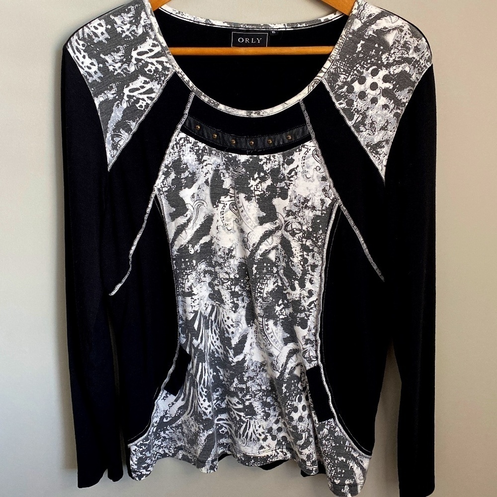 Orly Women's Black Abstract Print Long Sleeve T-shirt Blouse Size X-large‎